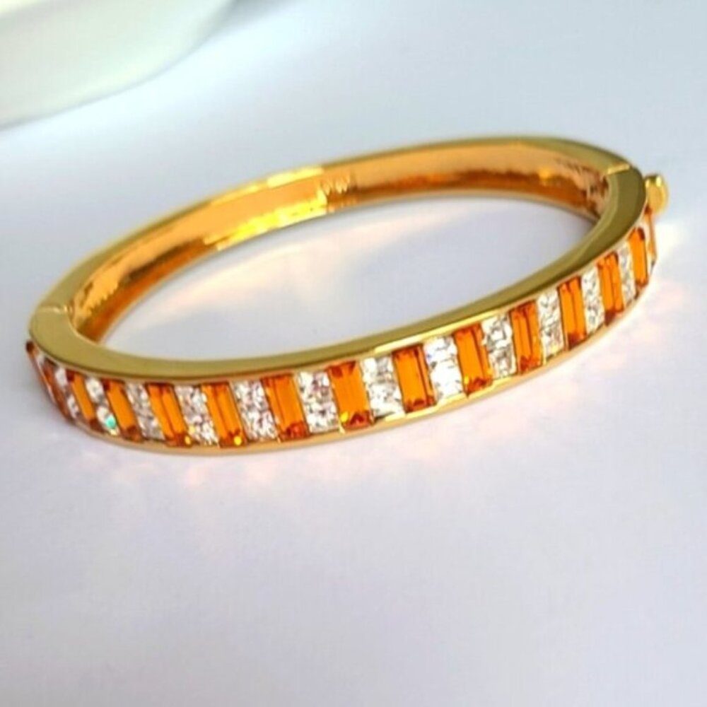 Vintage 80s BUTLER Gold Tone Hinged Orange Amber White Crystal Bangle Bracelet